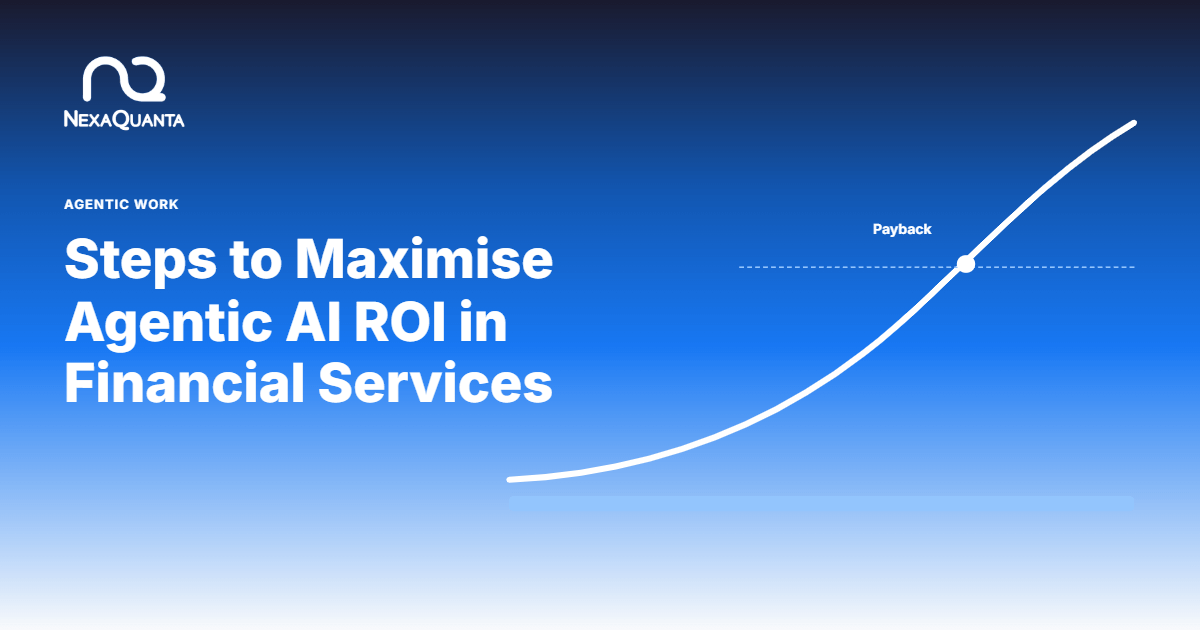 Line chart rising to cross a payback threshold, titled steps to maximise agentic AI ROI in financial services.